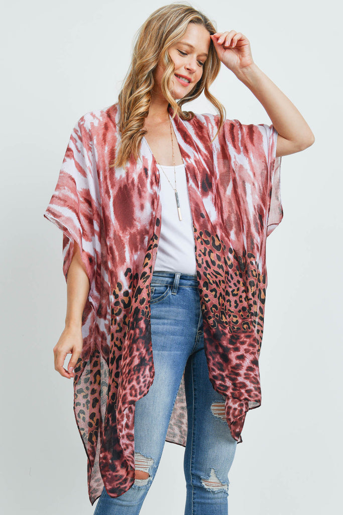 MS0176RB - RED BEAN LEOPARD TIE DYE KIMONO