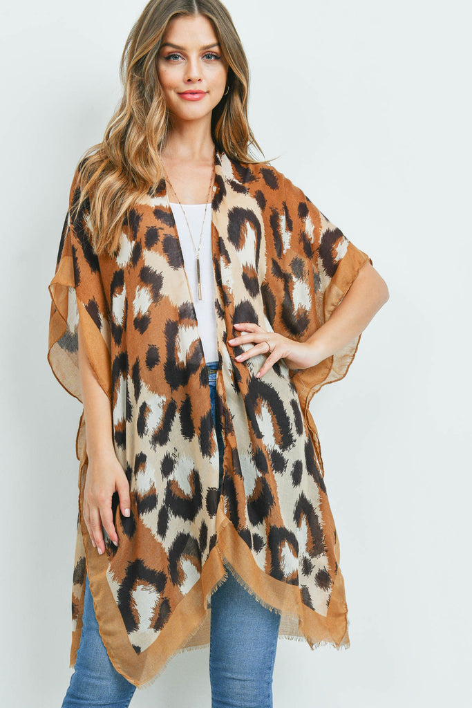 MS0181BR - BROWN LEOPARD SOLID TRIM KIMONO