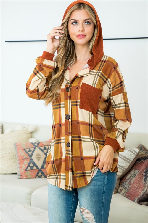 Plaid Button Down Long Sleeve Hoodie Shacket