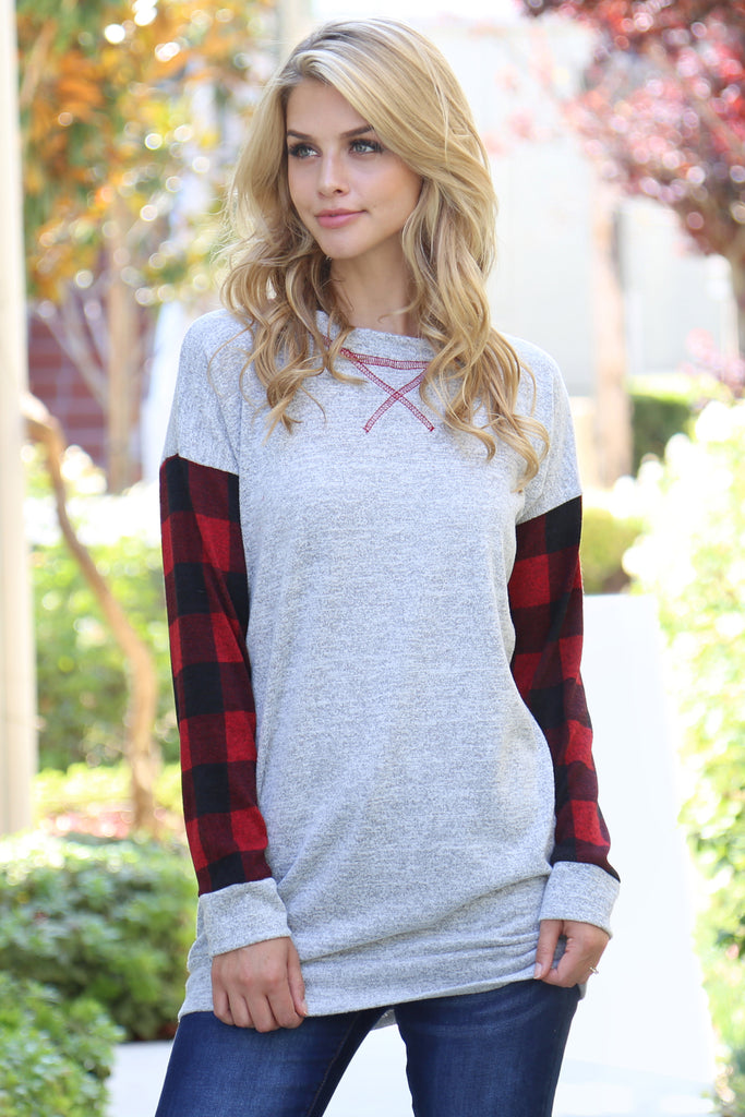 Hacci Plaid Contrast Pullover - Riah Fashion
