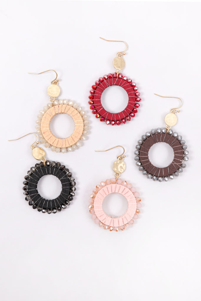 GLASS BEADED WOOD HOOP DROP EARRINGS