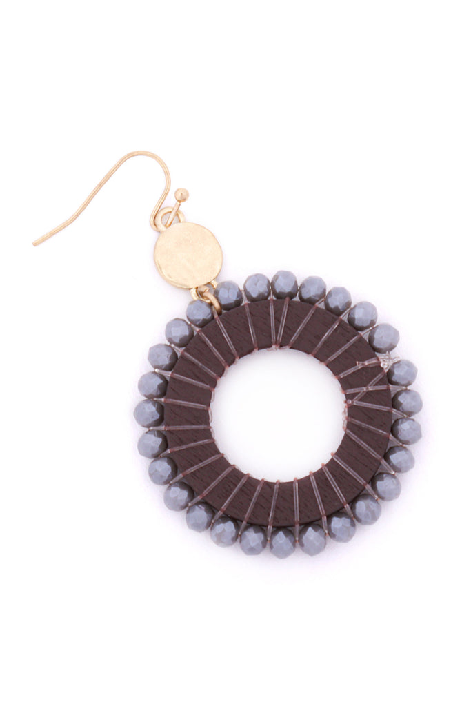 GLASS BEADED WOOD HOOP DROP EARRINGS