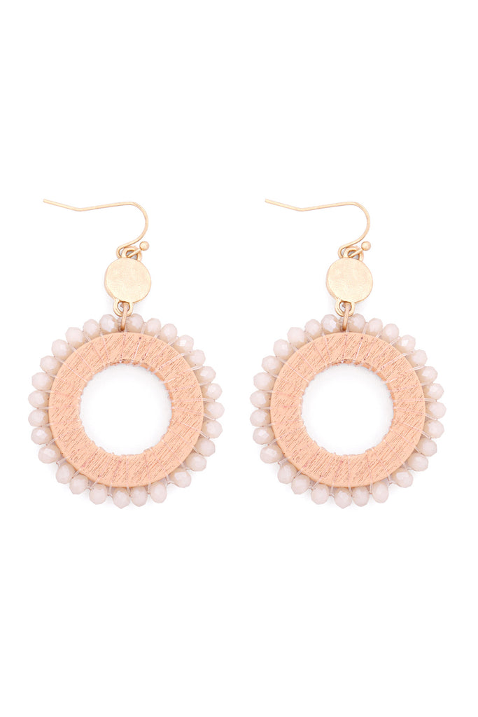 GLASS BEADED WOOD HOOP DROP EARRINGS