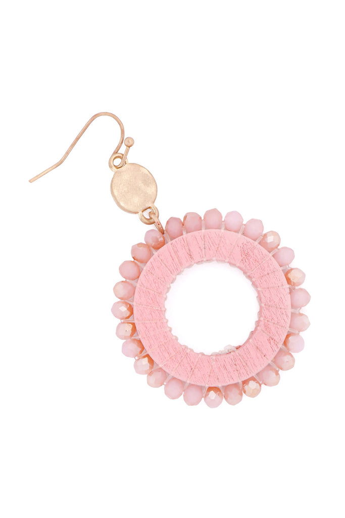 GLASS BEADED WOOD HOOP DROP EARRINGS