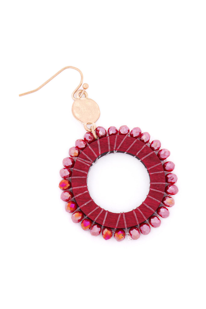 GLASS BEADED WOOD HOOP DROP EARRINGS