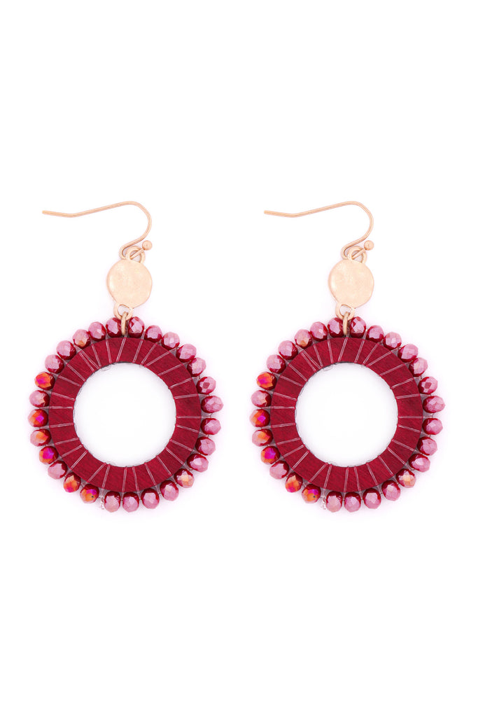 GLASS BEADED WOOD HOOP DROP EARRINGS