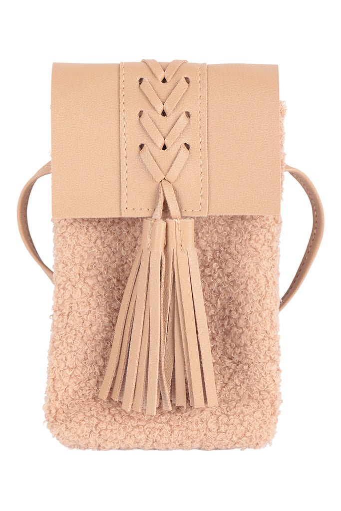 LEATHER BRAIDED TASSEL SHERPA W/ CROSSBODY CELL PHONE BAG