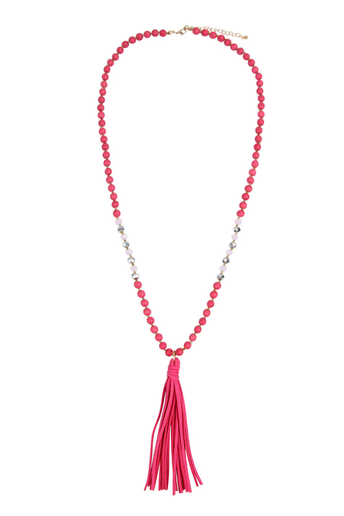 BEADED NECKLACE WITH LEATHER TASSEL