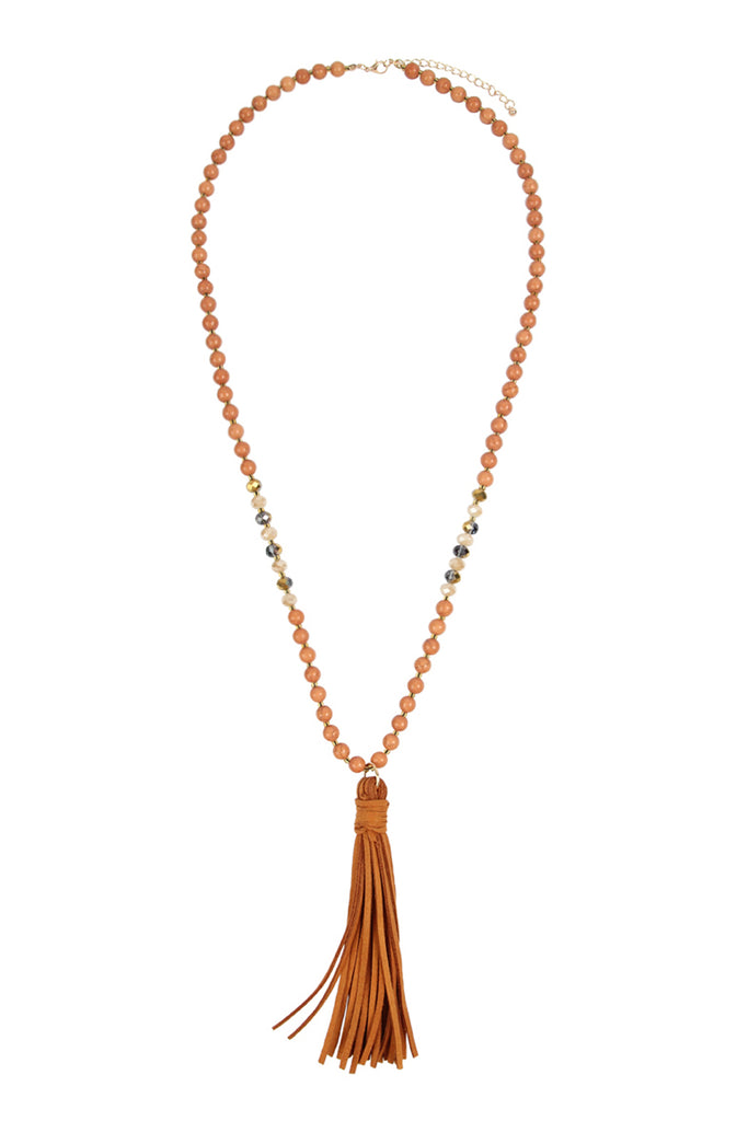 BEADED NECKLACE WITH LEATHER TASSEL