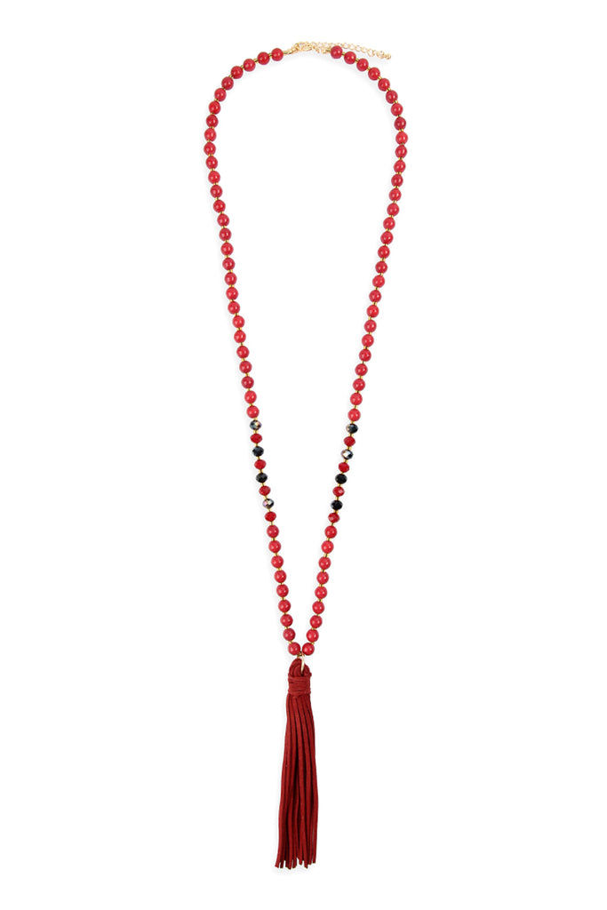 BEADED NECKLACE WITH LEATHER TASSEL