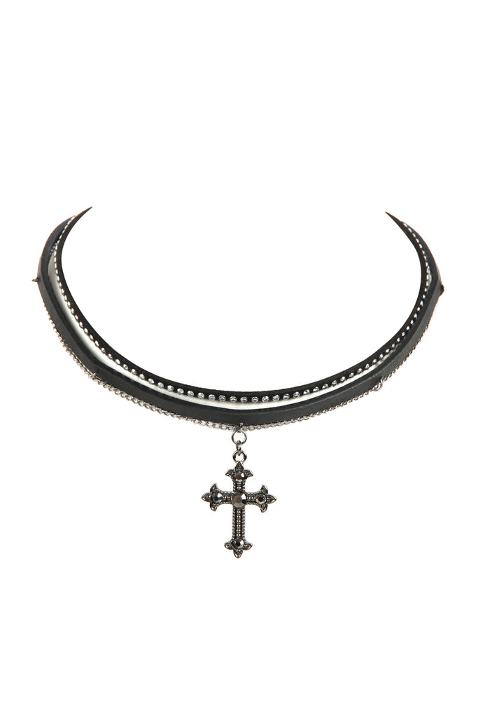 BLACK CROSS LEATHER CHAIN CHOCKER NECKLACE