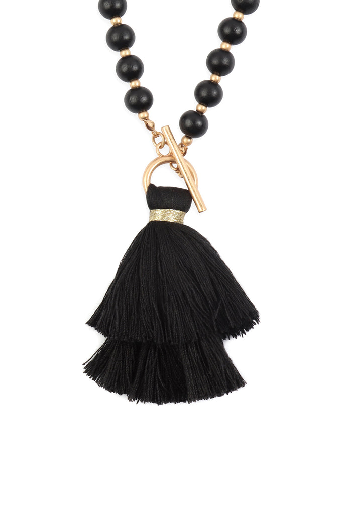 COTTON TASSEL CHAIN BEADED NECKLACE