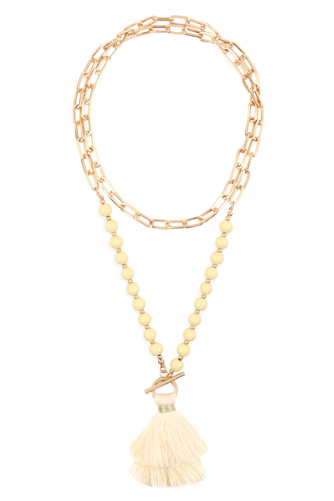 COTTON TASSEL CHAIN BEADED NECKLACE