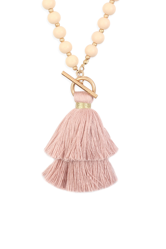COTTON TASSEL CHAIN BEADED NECKLACE