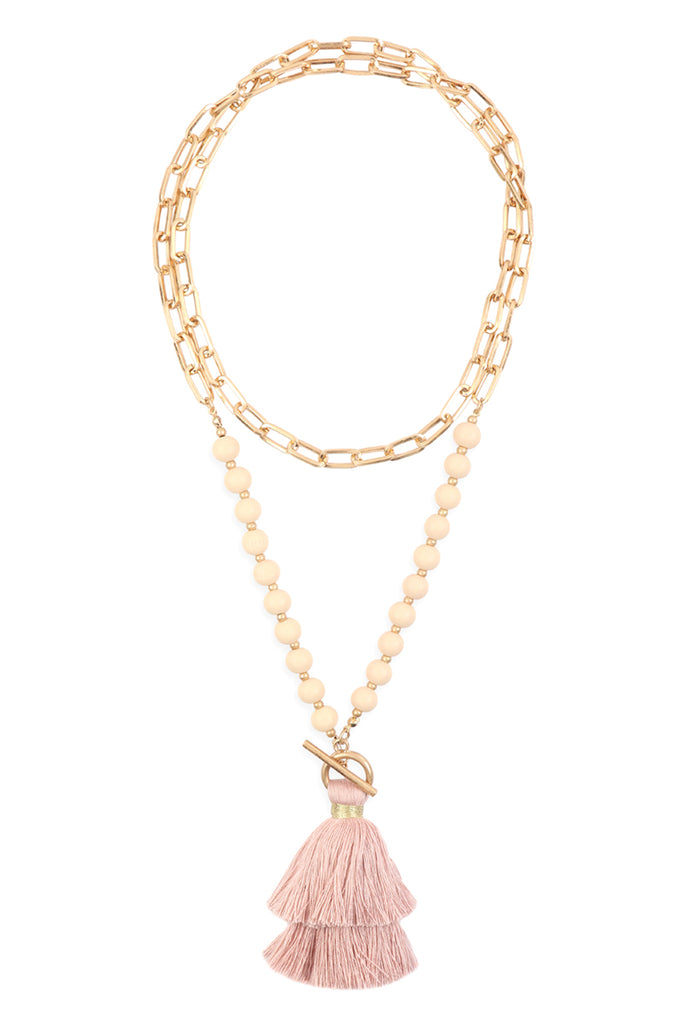 COTTON TASSEL CHAIN BEADED NECKLACE