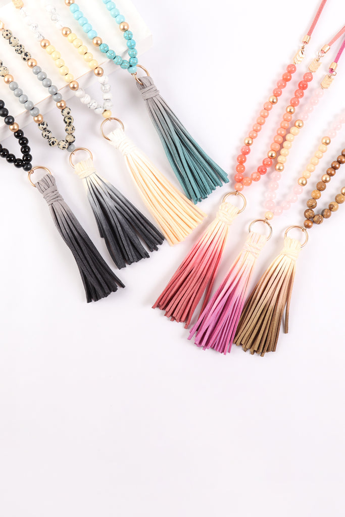 MULTI BEAD PU LEATHER TASSEL NECKLACE