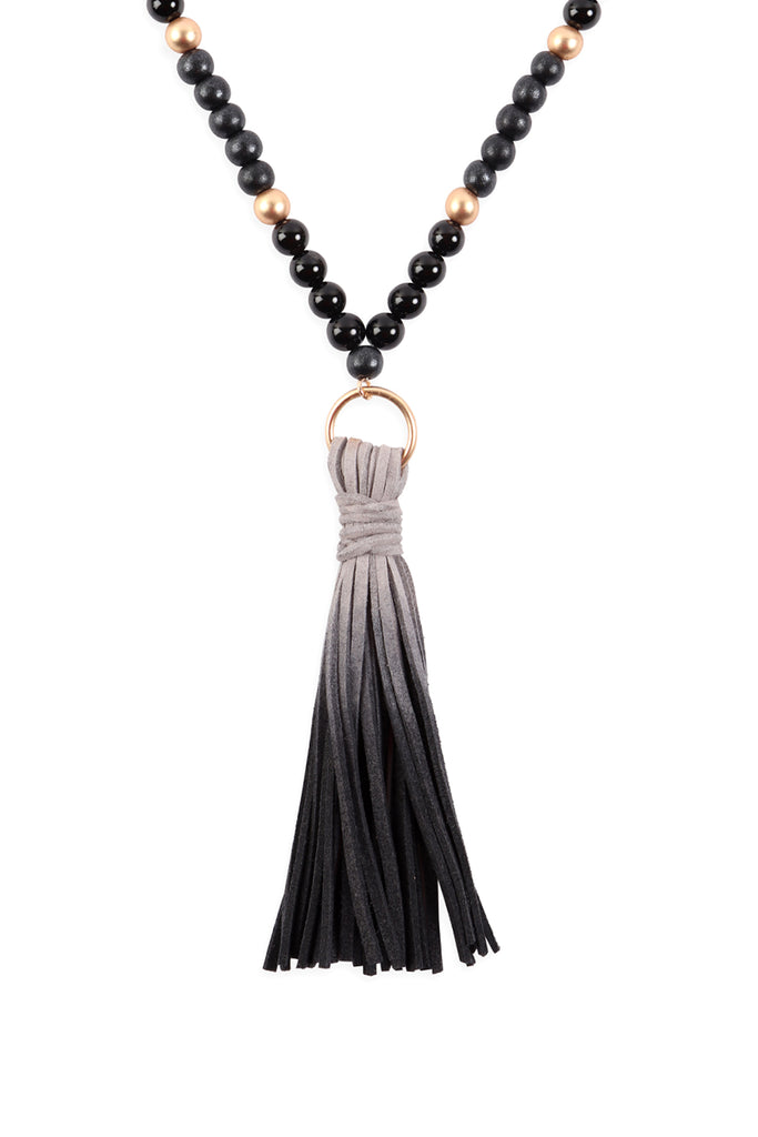 MULTI BEAD PU LEATHER TASSEL NECKLACE