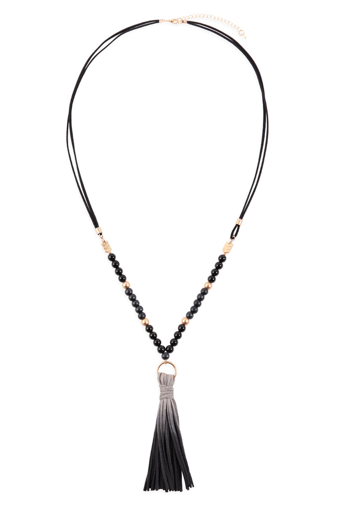 MULTI BEAD PU LEATHER TASSEL NECKLACE