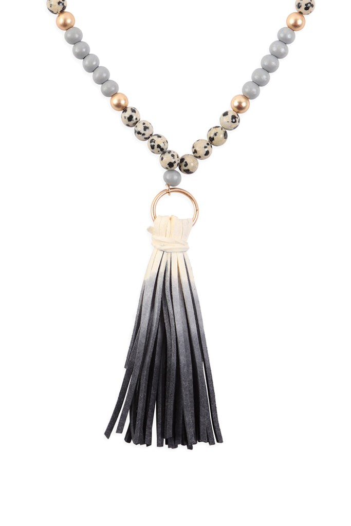MULTI BEAD PU LEATHER TASSEL NECKLACE