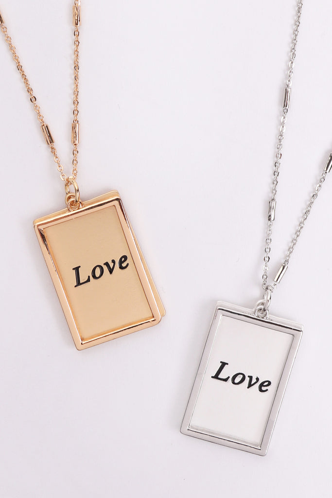 MYN1421MGLV - "LOVE" ETCHED BRASS BOX PENDANT NECKLACE - Riah Fashion