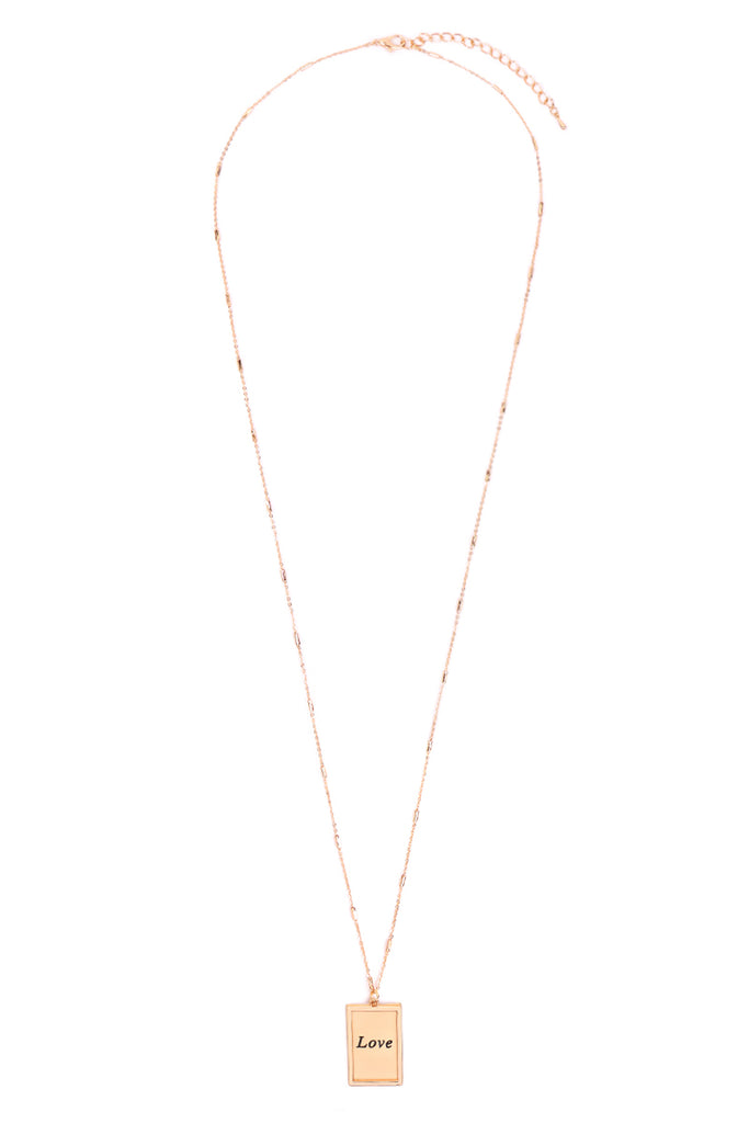 MYN1421MGLV - "LOVE" ETCHED BRASS BOX PENDANT NECKLACE - Riah Fashion
