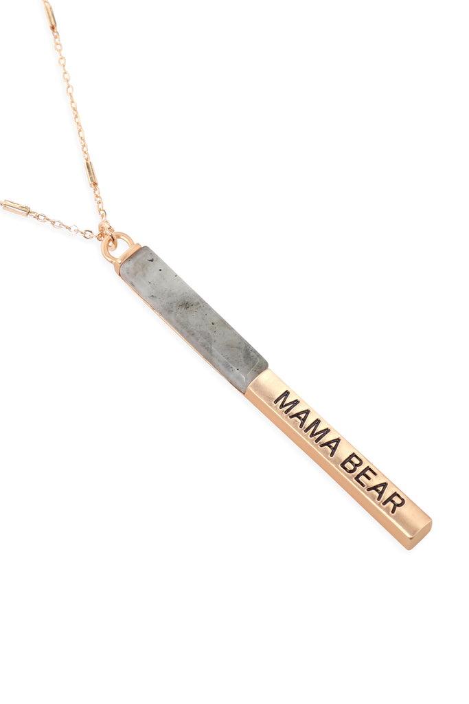 MYN1427 - "MAMA BEAR" HALF METAL & STONE BAR PENDANT NECKLACE