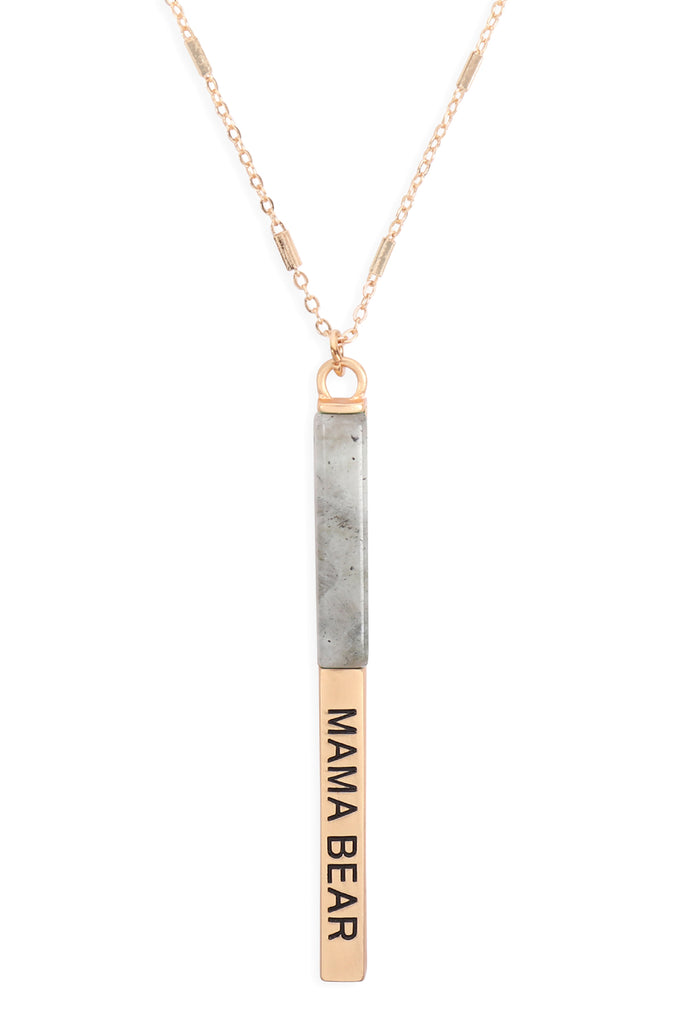 MYN1427 - "MAMA BEAR" HALF METAL & STONE BAR PENDANT NECKLACE