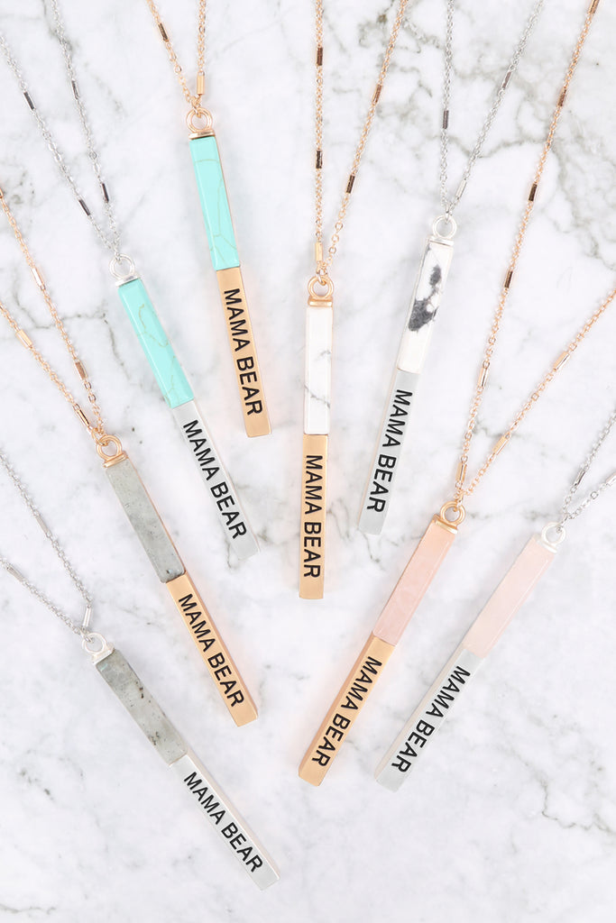 MYN1427 - "MAMA BEAR" HALF METAL & STONE BAR PENDANT NECKLACE