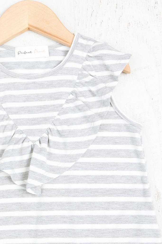 Kids V-Shape Ruffle Detail Stripes Sleeveless Dress