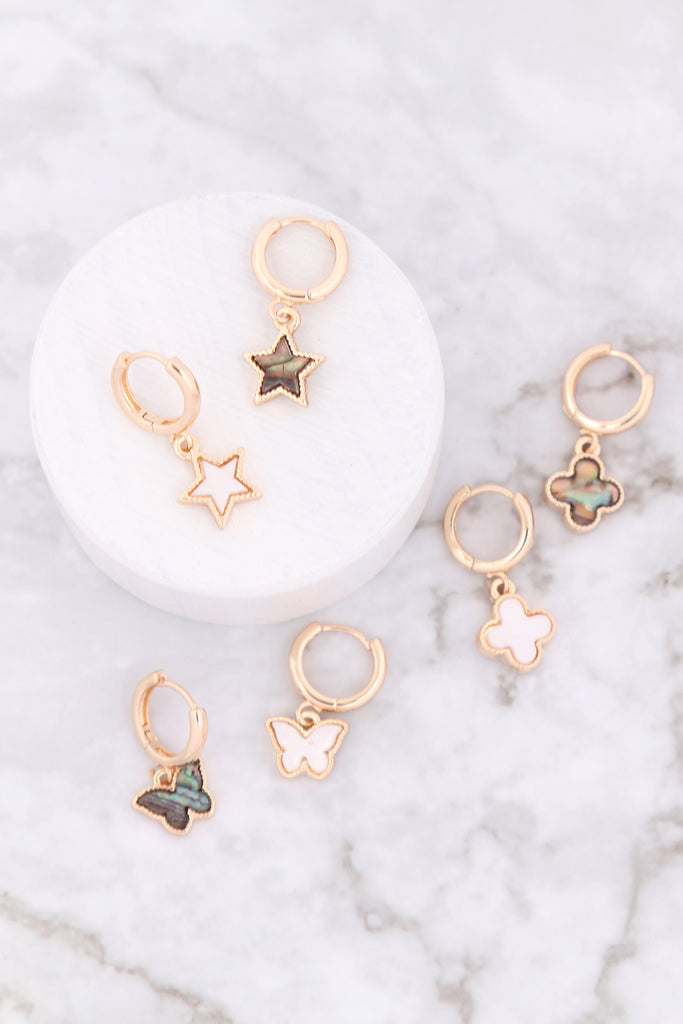 MOP HUGGIE HOOP STAR DROP EARRINGS