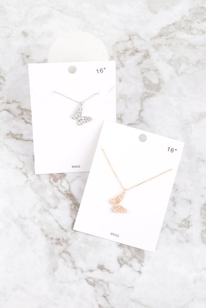 BUTTERFLY BAGUETTE PENDANT BRASS NECKLACE