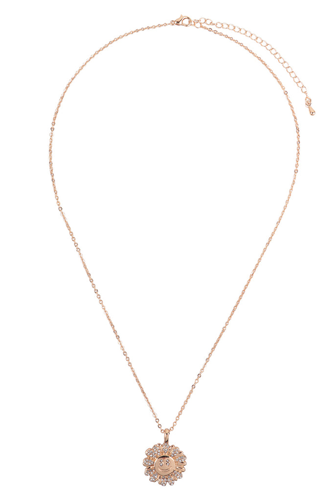 SMILEY FACE FLOWER PAVE CUBIC ZIRCONIA PENDANT LONG NECKLACE