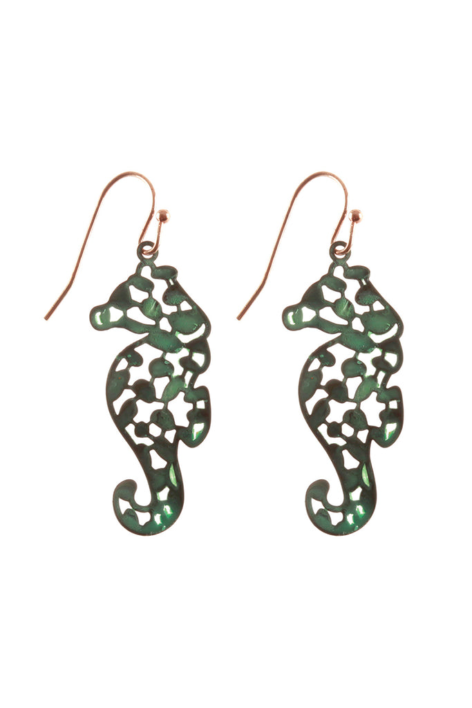 METAL FILIGREE SEA HORSE FISH HOOK EARRINGS