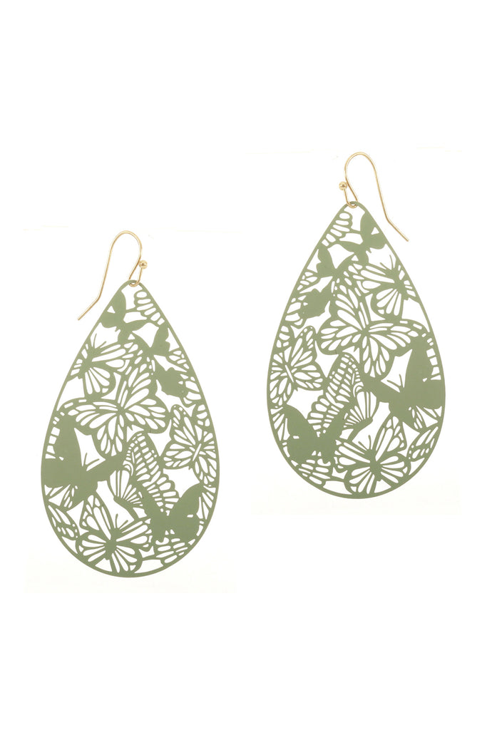 METAL FILIGREE BUTTERFLY TEARDROP HOOK EARRINGS