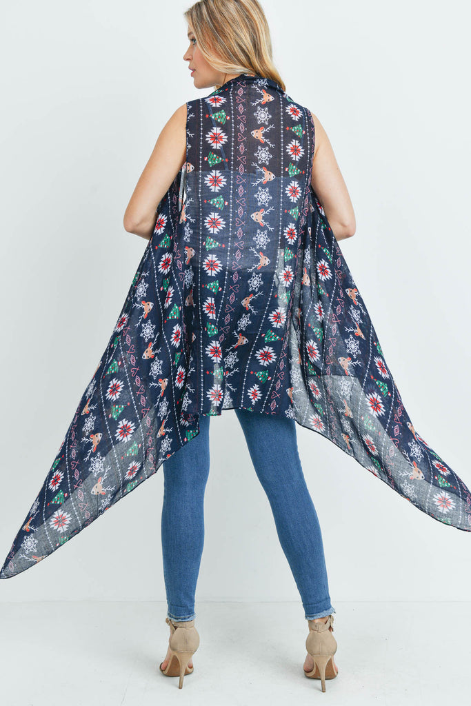 PN222X023 - NAVY REINDEER HEART PRINTED KIMONO VEST