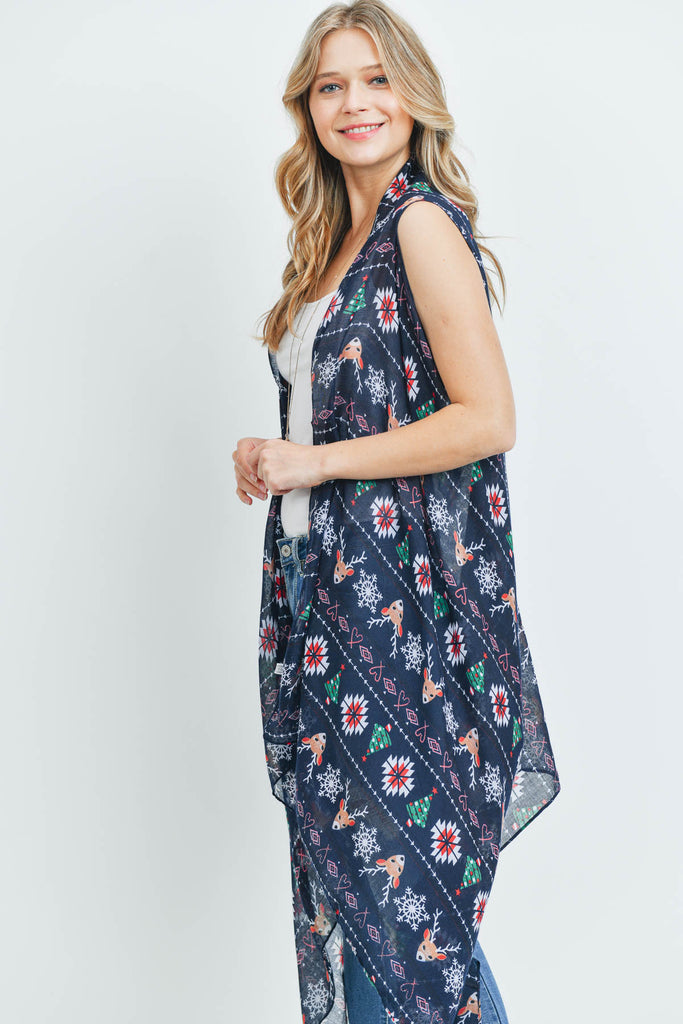 PN222X023 - NAVY REINDEER HEART PRINTED KIMONO VEST