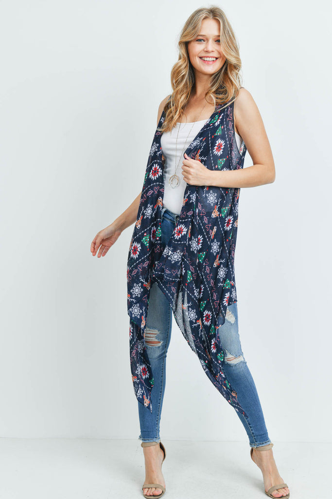 PN222X023 - NAVY REINDEER HEART PRINTED KIMONO VEST