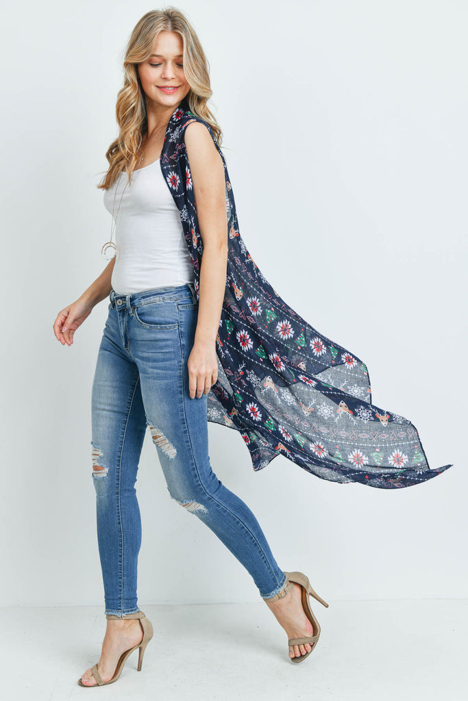 PN222X023 - NAVY REINDEER HEART PRINTED KIMONO VEST