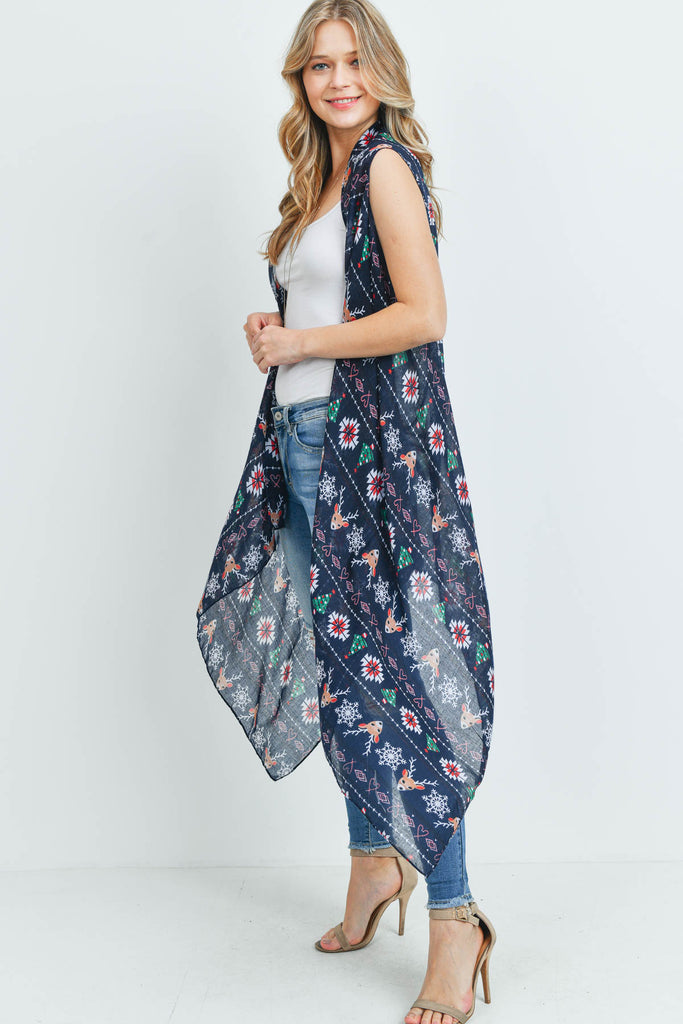 PN222X023 - NAVY REINDEER HEART PRINTED KIMONO VEST