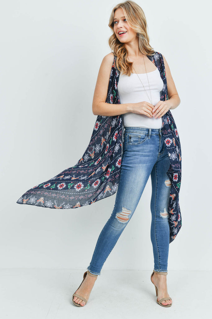 PN222X023 - NAVY REINDEER HEART PRINTED KIMONO VEST