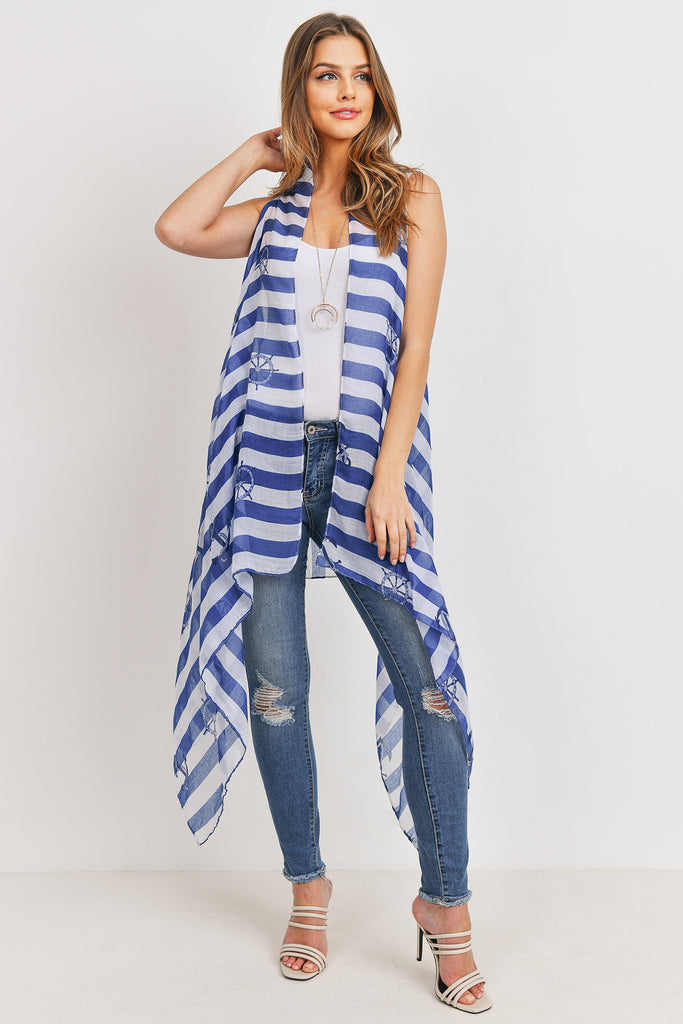 PN222X100 - PRINTED STRIPE BLUE SHEEP WHEEL KIMONO VEST