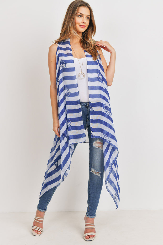 PN222X100 - PRINTED STRIPE BLUE SHEEP WHEEL KIMONO VEST