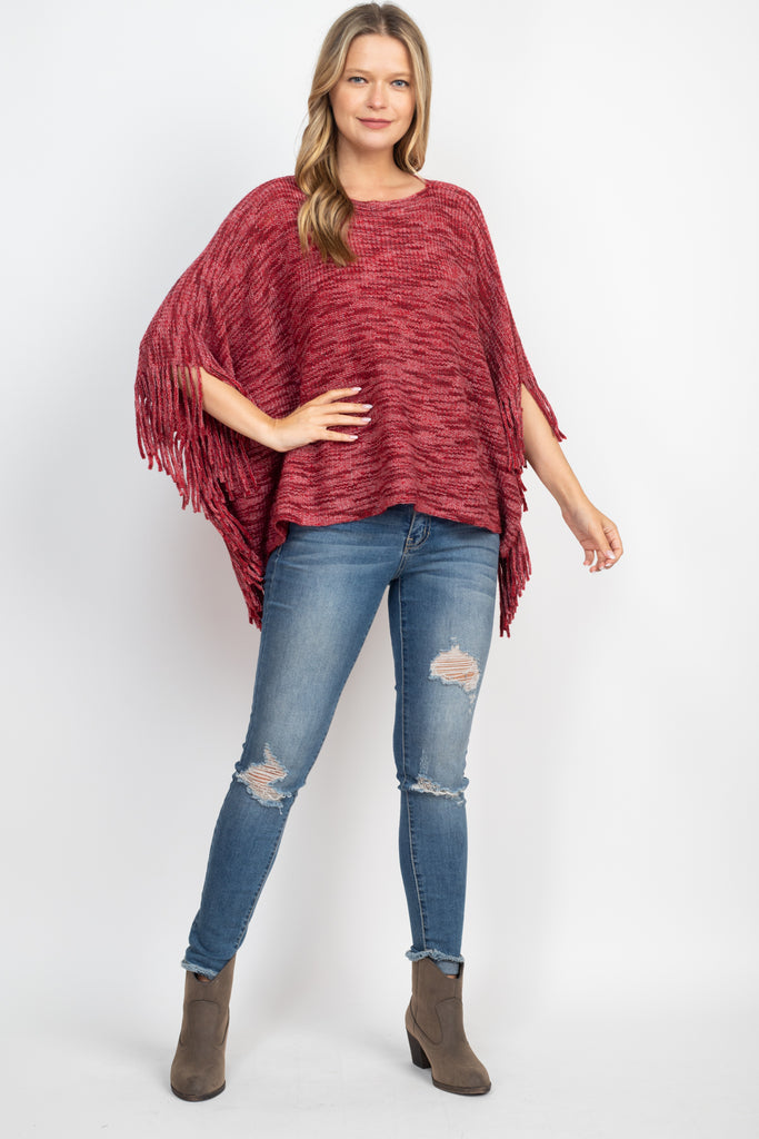 LIGHT AND DARK TONE FRINGE SLEEVE PONCHO