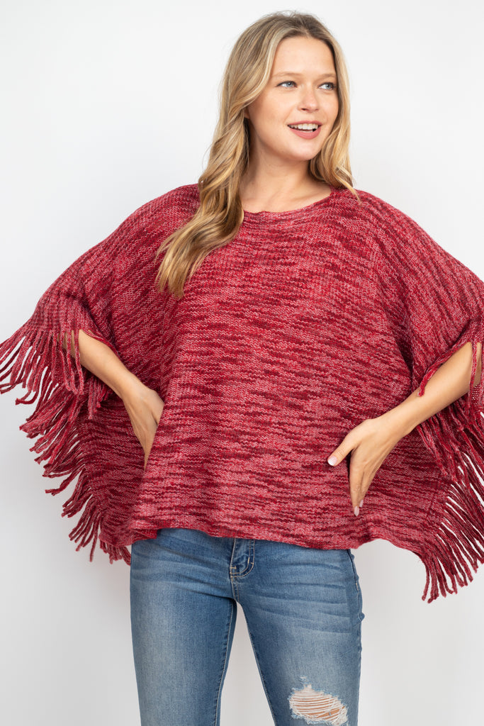 LIGHT AND DARK TONE FRINGE SLEEVE PONCHO