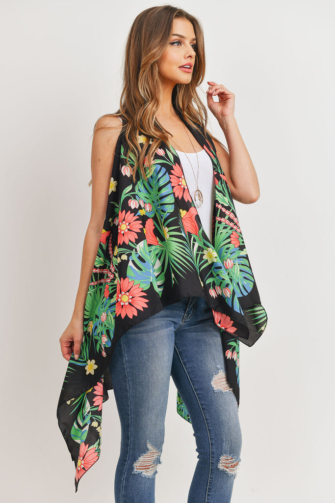 PN328X021G - BLACK OPEN FRONT FLORAL PRINT KIMONO VEST