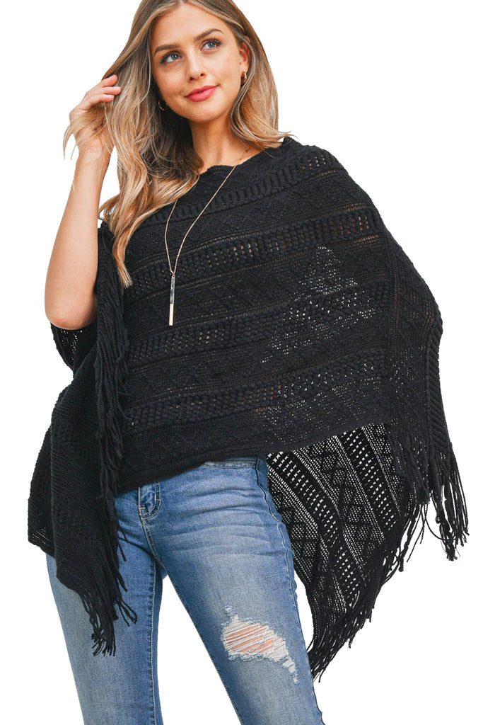 PN397X002G - BLACK KNITTED PATTERN FRINGE PONCHO