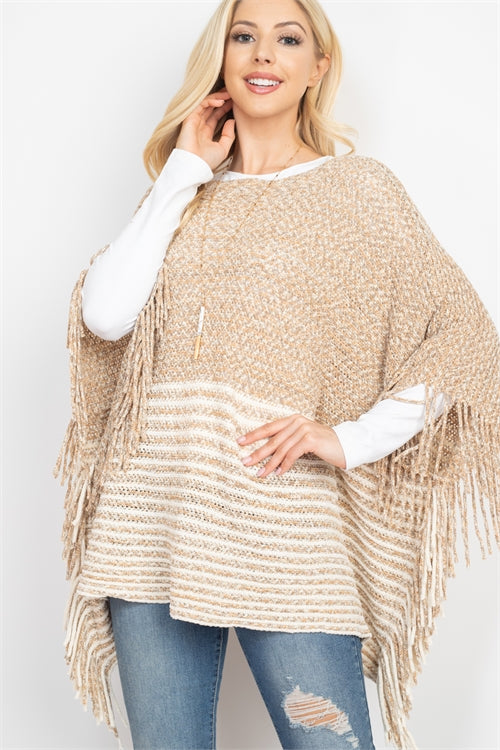 KNITTED TWO TONE STRIPED FRINGE PONCHO