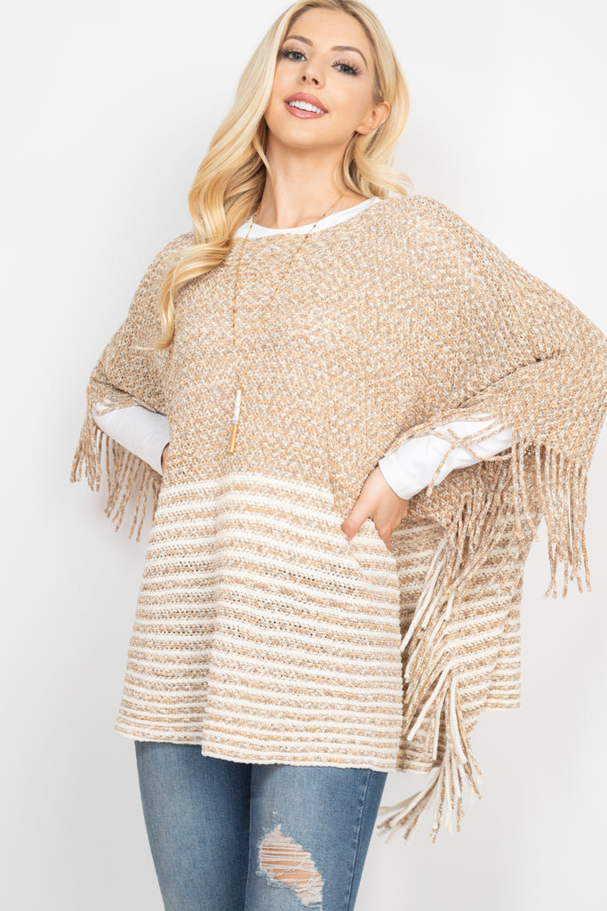 KNITTED TWO TONE STRIPED FRINGE PONCH