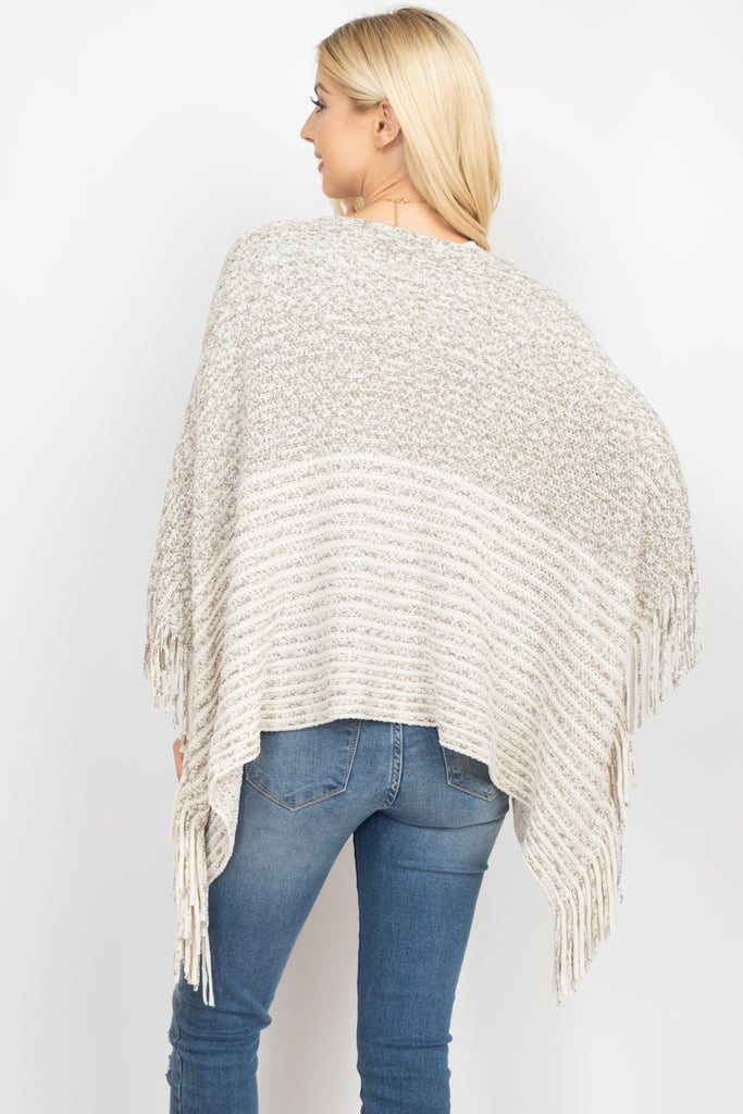 KNITTED TWO TONE STRIPED FRINGE PONCH