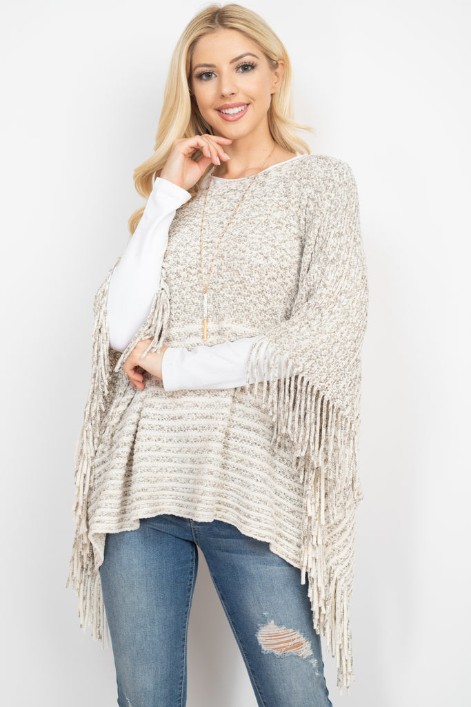 KNITTED TWO TONE STRIPED FRINGE PONCH